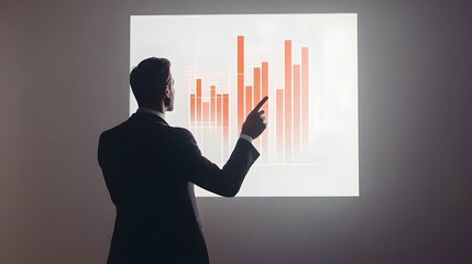Aufkleber - A man in a classic black suit gestures toward a 3D bar graph hovering above a whiteboard. The background is a plain, solid white studio backdrop