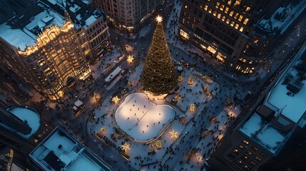 Poster - A dramatic aerial shot of a grand city square on Christmas Eve, featuring an ice-skating rink, a towering Christmas tree, and glowing string lights crisscrossing above the plaza.