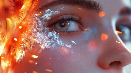 Poster - woman's face illuminated by vibrant flames and sparks showcasing a dramatic artistic expression of f