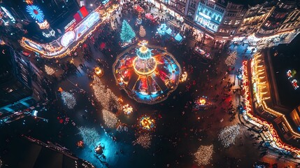 Poster - A bird's-eye shot of a grand holiday display in a city square, with glowing decorations and colorful lights creating a magical scene.