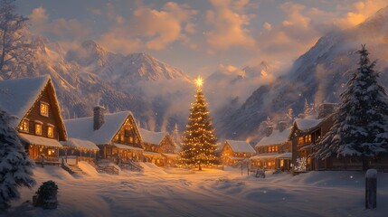 Poster - A panoramic scene of a quiet mountain village blanketed in snow, with golden light spilling from cabin windows and a glowing Christmas tree standing at the center of the plaza.