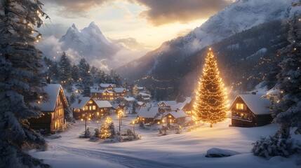 Poster - A panoramic scene of a quiet mountain village blanketed in snow, with golden light spilling from cabin windows and a glowing Christmas tree standing at the center of the plaza.