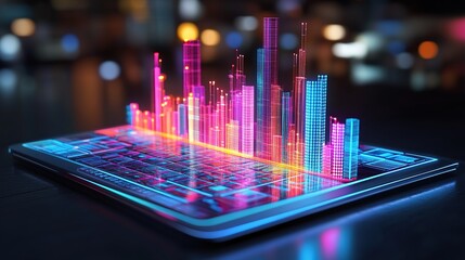 Poster - A laptop displaying vibrant 3D data visualizations and graphs.