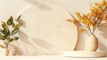 Poster - stylish minimalist interior design featuring floral arrangements and neutral tones in a bright setti