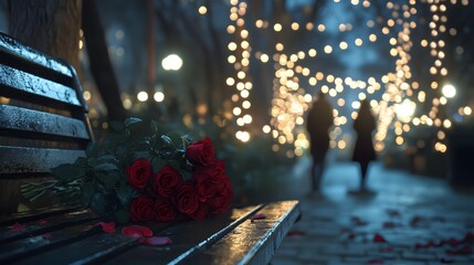 Poster - A cinematic scene of a woman sitting alone on a park bench holding a bouquet of red roses, with a couple walking in the background under glowing string lights.
