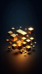 Poster - Glowing golden cubes float in dark space
