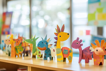 Wall Mural - Playful paper animal displays in bright classroom.