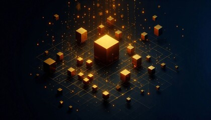 Poster - Glowing golden cubes float in dark space