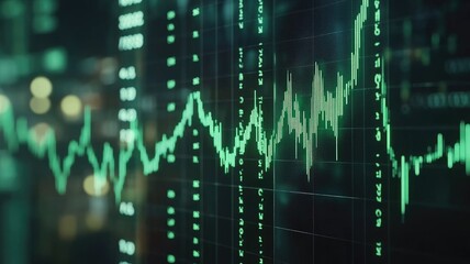 Canvas Print - Stock market background with green arrows pointing up, stock candlestick charts, and numbers in the background,generative ai