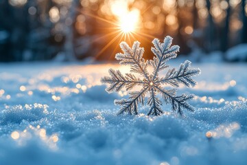 Wall Mural - Brilliant ice crystals are scattered in the snow, shimmering in the sunlight. The blue background produces a lovely bokeh effect.