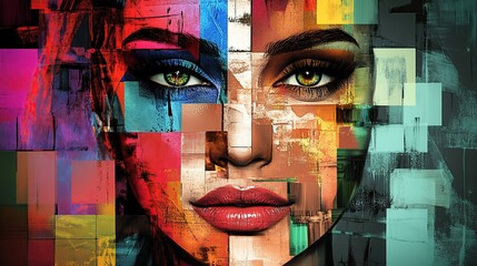 Poster - A vibrant, abstract portrait featuring a woman's face with colorful geometric patterns.