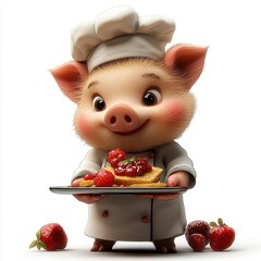 Chef Pig with Strawberry Pancakes:  A charming, cartoon pig chef proudly presents a plate of delicious-looking strawberry pancakes, a delightful image for culinary and food-related themes. 