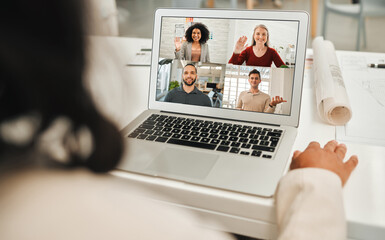 Poster - Person, laptop screen and video call in office for design, architecture and virtual collaboration. Architect team, computer or wave in private agency for project management, online seminar or meeting