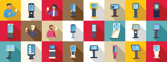 Aufkleber - Electronic queue equipment icons set. Interactive terminal kiosk and digital signage showing information and maps, people using electronic payment card