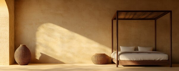 Wall Mural - A serene bedroom featuring a canopy bed and natural decor, highlighted by soft shadows and earthy tones.