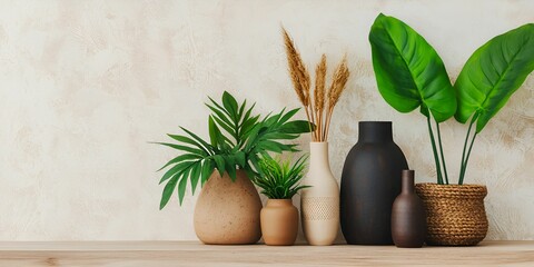 Sticker - A stylish arrangement of potted plants and decorative vases on a wooden shelf against a textured wall, creating a warm and inviting atmosphere.