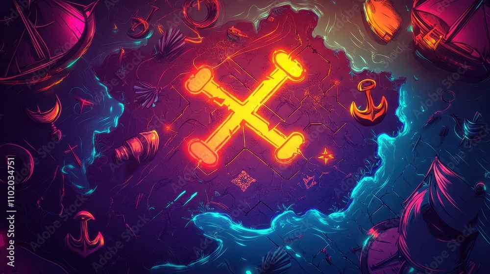Dynamic treasure map glowing with vibrant neon marks and pirate symbols ...