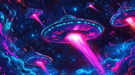 Wall Mural - 70s-style saucers with glowing beams and vibrant cosmic light patterns