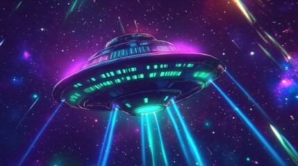 Wall Mural - Retro UFO glowing with vibrant neon lights and swirling comic laser beams