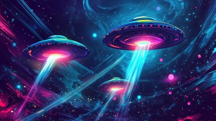 Wall Mural - Bold saucers emitting neon beams in vibrant pinks and blues in space