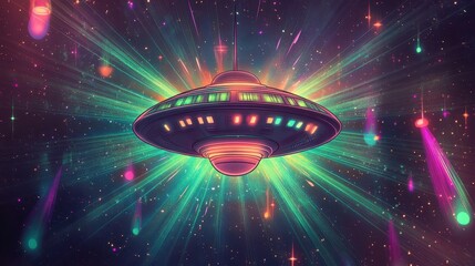 Wall Mural - Glowing UFO surrounded by vibrant neon beams and cosmic effects