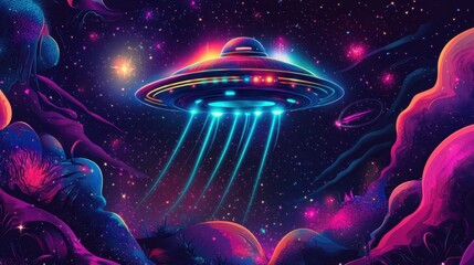 Wall Mural - Vibrant UFO glowing with neon beams hovering over swirling cosmic patterns