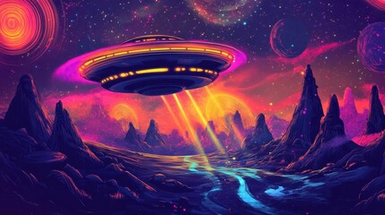 Wall Mural - Dynamic saucer with glowing beams and swirling cosmic light textures