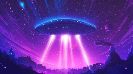 Wall Mural - UFO glowing with bold neon beams hovering over swirling cosmic textures