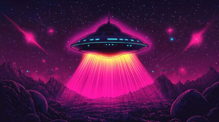 Wall Mural - Vibrant UFO glowing with neon lights amid cosmic starry background patterns