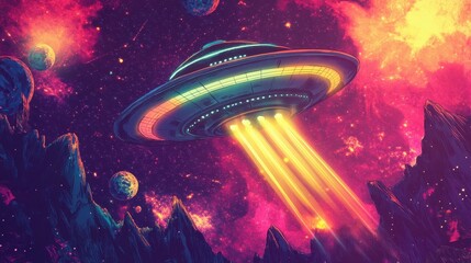 Wall Mural - Dynamic UFO glowing with vibrant lasers in a cosmic starry background
