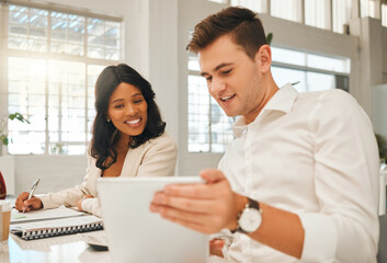 Aufkleber - People, architect and meeting with tablet in office of planning schedule, writing ideas and property design. Smile, staff and digital with book for information, renovation budget and building project