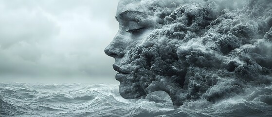 Poster - Ethereal Portrait of a Woman Merging with a Stormy Ocean, Capturing the Intricacies of Nature and Emotion in a Surreal and Thought-Provoking Composition