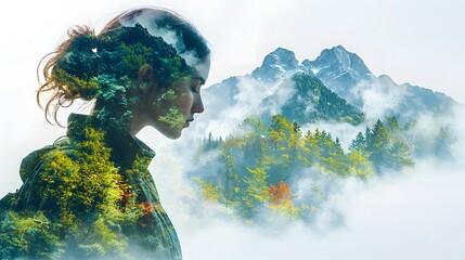 Poster - Tranquil Reflection of Nature: A Serene Double Exposure Portrait of a Woman Merging with Vibrant Forest and Majestic Mountains Under Soft Foggy Background