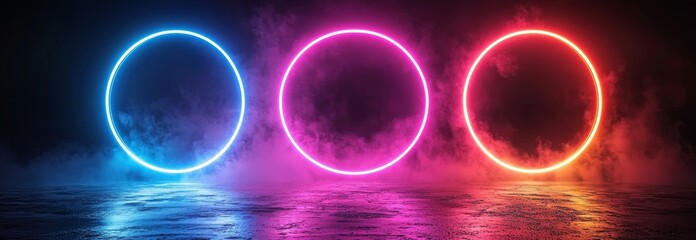 Poster - Blue neon light rings, set against a black background. A contemporary, realistic illustration showcasing glowing circular frames in the dark, with twinkling particles, evoking a futuristic