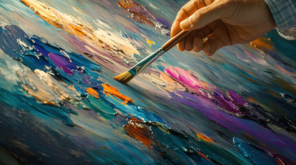 Close up of artist hand holding paintbrush over colorful canvas