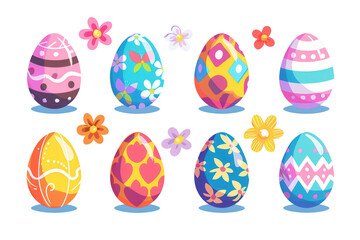 Wall Mural - Set of cartoon Easter chocolate eggs, traditional painted eggs, spring holiday egg hunt game items, colorful decorations. flat illustration surprise eggs, isolated transparent background