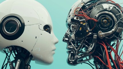 Aufkleber - Two advanced humanoid robots engage in an intense face-off, displaying the intricate details of their designs. One features a sleek, white exterior, while the other showcases exposed mechanical