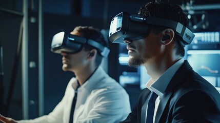Poster - Tech-savvy professionals using VR and AR devices in a business setting.