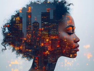 Poster - Ethereal Double Exposure Portrait of a Young Woman with Curly Hair Merging with a Vibrant Cityscape at Dusk Showcasing Urban Lights and Nostalgic Vibes