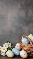 Wall Mural - A wicker basket filled with pastel-colored Easter eggs sits on a wooden table. Surrounding the eggs are fresh blooming branches and green grass accents, celebrating springtime