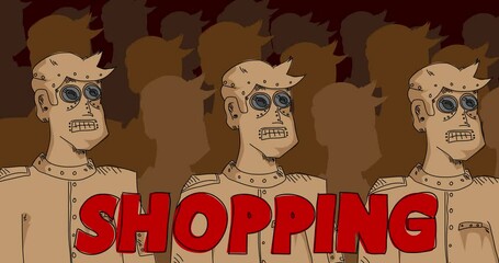 Poster - Robot with Shopping Text. Cartoon Animated video. Future Robotics Animation.