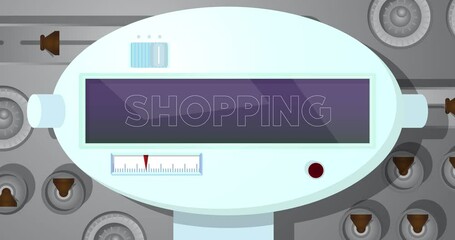 Poster - Robot with Shopping Text. Cartoon Animated video. Future Robotics Animation.