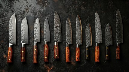 Collection of sharp kitchen knives with wooden handles arranged on a dark textured