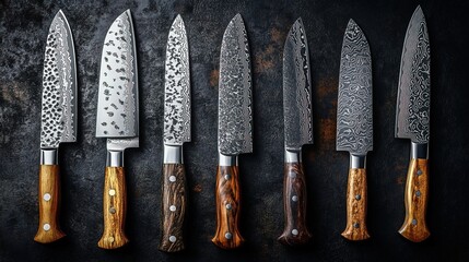 Collection of sharp kitchen knives with wooden handles arranged on a dark textured