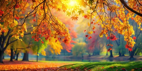 Autumn scene with vibrant colorful leaves swaying on tree branches in a park , fall, autumn, leaves, colorful, vibrant, nature