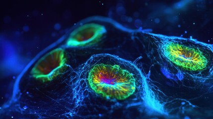 Poster - Colorful Microscopic Cells with Vibrant Patterns Under Blue Light