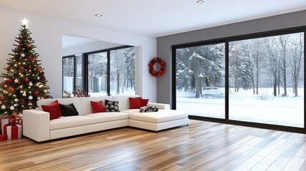 Wall Mural - A warm living room features a plush sectional sofa with decorative pillows and a beautifully adorned Christmas tree, overlooking a snowy landscape through large windows