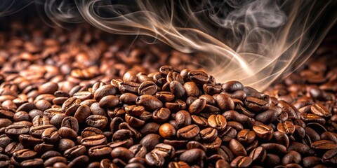 Wall Mural - Closeup of freshly roasted coffee beans with smoke rising from them , coffee, beans, roasted, closeup, smoke, aroma, dark