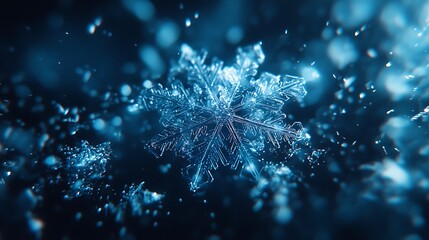 A single, intricate snowflake with a six-pointed star shape, suspended in mid-air against a dark blue background with bokeh effects.
