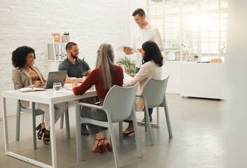 Poster - Presentation, meeting and team of business people in office for planning creative project for startup. Discussion, collaboration and professional graphic designers with company insights together.